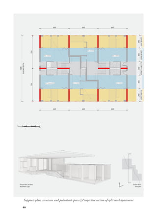 46
Supports plan, structure and polivalent spaces | Perspective section of split level apartment
RL 13000
RL 11500
RL 13000
RL 13000RL 13000
RL 13000 RL 11500
BUILDINGDEPTH
15000
6600 6600 6600
6600 6600 6600
LIGHTSPACES
2900
LIVINGSPACES
3050
SERVICES&ACCESS
31003050
LIGHTSPACES
2900
73507350
VARITY&ADAPTABILITY
5950
0 1 2 3 4 5
m
Supports
L4
A
A
B
B
D
D
C
C
1 1
2 2
7 7
3 3
4 4
5 5
6 6
RL 13000
RL 11500
3150 3150
2500 1600 2500
270031501500150031502700
73507350
BUILDINGDEPTH
15000
6600 6600 6600
3200 3400
RL 13000
RL 13000
270031501500150031502700
6600 6600 6600
3400 3200 2500 1600 2500
RL 11500
RL 13000
SPLITLEVEL
1500
FLOORTOFLOOR
3000
0 1 2 3 4 5
m
Block Type
A
B
L3
L2
Perspective Sections
Apartment Type
Section line &
View point
 