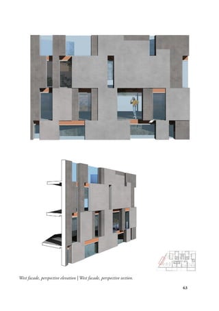 63
West facade, perspective elevation | West facade, perspective section.
 