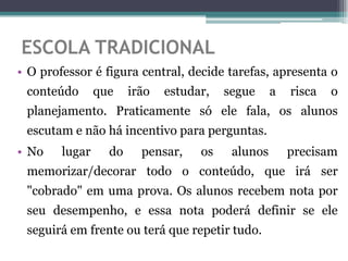 ESCOLA TRADICIONAL
• O professor é figura central, decide tarefas, apresenta o
 conteúdo       que    irão   estudar,   segue     a   risca   o
 planejamento. Praticamente só ele fala, os alunos
 escutam e não há incentivo para perguntas.
• No    lugar     do     pensar,    os    alunos       precisam
 memorizar/decorar todo o conteúdo, que irá ser
 "cobrado" em uma prova. Os alunos recebem nota por
 seu desempenho, e essa nota poderá definir se ele
 seguirá em frente ou terá que repetir tudo.
 