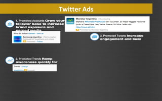 Twitter Ads
1. Promoted Accounts Grow your
follower base to increase
brand exposure and
earned media
3. Promoted Tweets Increase
engagement and buzz

2. Promoted Trends Ramp
awareness quickly for
mass exposure

 