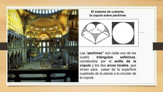 El sistema de cubierta:
la cúpula sobre pechinas
Las “pechinas” son cada uno de los
cuatro triángulos esféricos,
constituidos por el anillo de la
cúpula y los dos arcos torales, que
sirven para pasar de la superficie
cuadrada de la planta a la circular de
la cúpula.
 