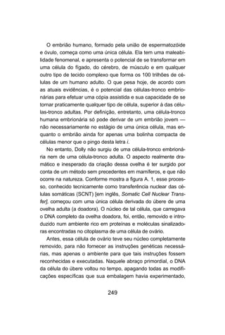 O embrião humano, formado pela união de espermatozóide
e óvulo, começa como uma única célula. Ela tem uma maleabi-
lidade fenomenal, e apresenta o potencial de se transformar em
uma célula do fígado, do cérebro, de músculo e em qualquer
outro tipo de tecido complexo que forma os 100 trilhões de cé-
lulas de um humano adulto. O que pesa hoje, de acordo com
as atuais evidências, é o potencial das células-tronco embrio-
nárias para efetuar uma cópia assistida e sua capacidade de se
tornar praticamente qualquer tipo de célula, superior à das célu-
las-tronco adultas. Por definição, entretanto, uma célula-tronco
humana embrionária só pode derivar de um embrião jovem —
não necessariamente no estágio de uma única célula, mas en-
quanto o embrião ainda for apenas uma bolinha compacta de
células menor que o pingo desta letra i.
    No entanto, Dolly não surgiu de uma célula-tronco embrioná-
ria nem de uma célula-tronco adulta. O aspecto realmente dra-
mático e inesperado da criação dessa ovelha é ter surgido por
conta de um método sem precedentes em mamíferos, e que não
ocorre na natureza. Conforme mostra a figura A. 1, esse proces-
so, conhecido tecnicamente como transferência nuclear das cé-
lulas somáticas (SCNT) [em inglês, Somatic Cell Nuclear Trans-
fer], começou com uma única célula derivada do úbere de uma
ovelha adulta (a doadora). O núcleo de tal célula, que carregava
o DNA completo da ovelha doadora, foi, então, removido e intro-
duzido num ambiente rico em proteínas e moléculas sinalizado-
ras encontradas no citoplasma de uma célula de ovário.
    Antes, essa célula de ovário teve seu núcleo completamente
removido, para não fornecer as instruções genéticas necessá-
rias, mas apenas o ambiente para que tais instruções fossem
reconhecidas e executadas. Naquele abraço primordial, o DNA
da célula do úbere voltou no tempo, apagando todas as modifi-
cações específicas que sua embalagem havia experimentado,


                              249
 