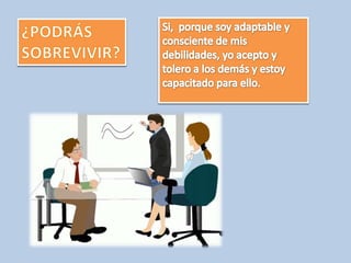 Si,  porque soy adaptable y  consciente de mis debilidades, yo acepto y tolero a los demás y estoy capacitado para ello.¿PODRÁS SOBREVIVIR?
