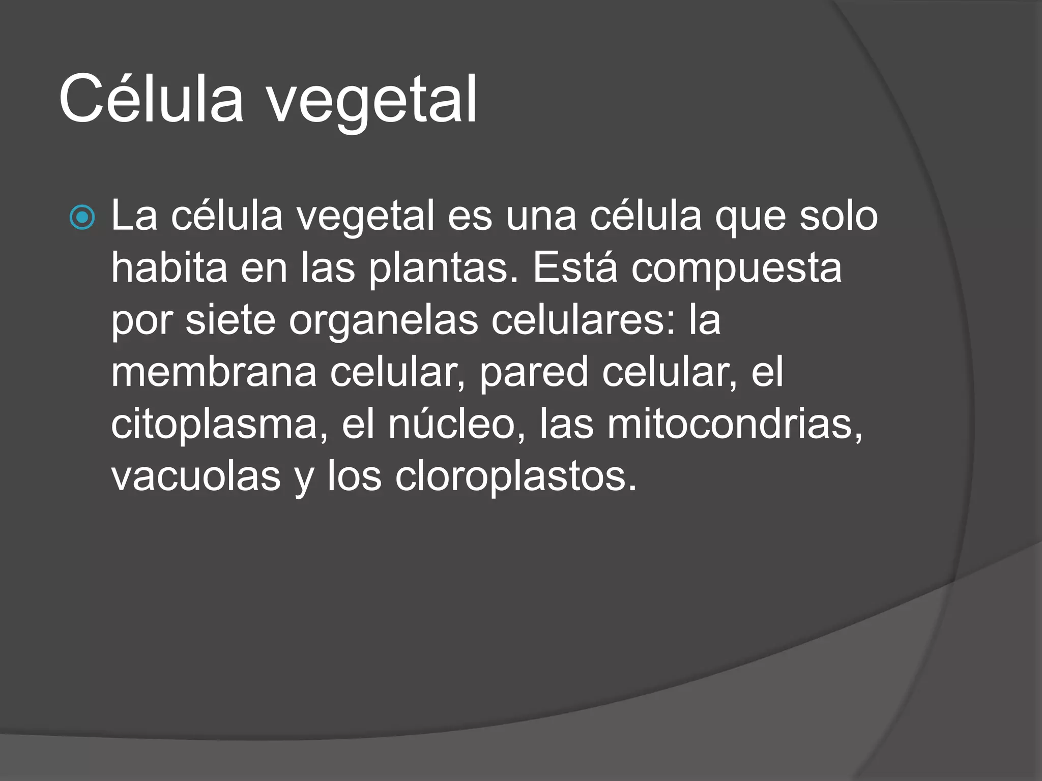 Célula vegetalLa célula vegetal es una célula que solo habita en las plantas. Está compuesta por siete organelas celulares: la membrana celular, pared celular, el citoplasma, el núcleo, las mitocondrias, vacuolas y los cloroplastos.