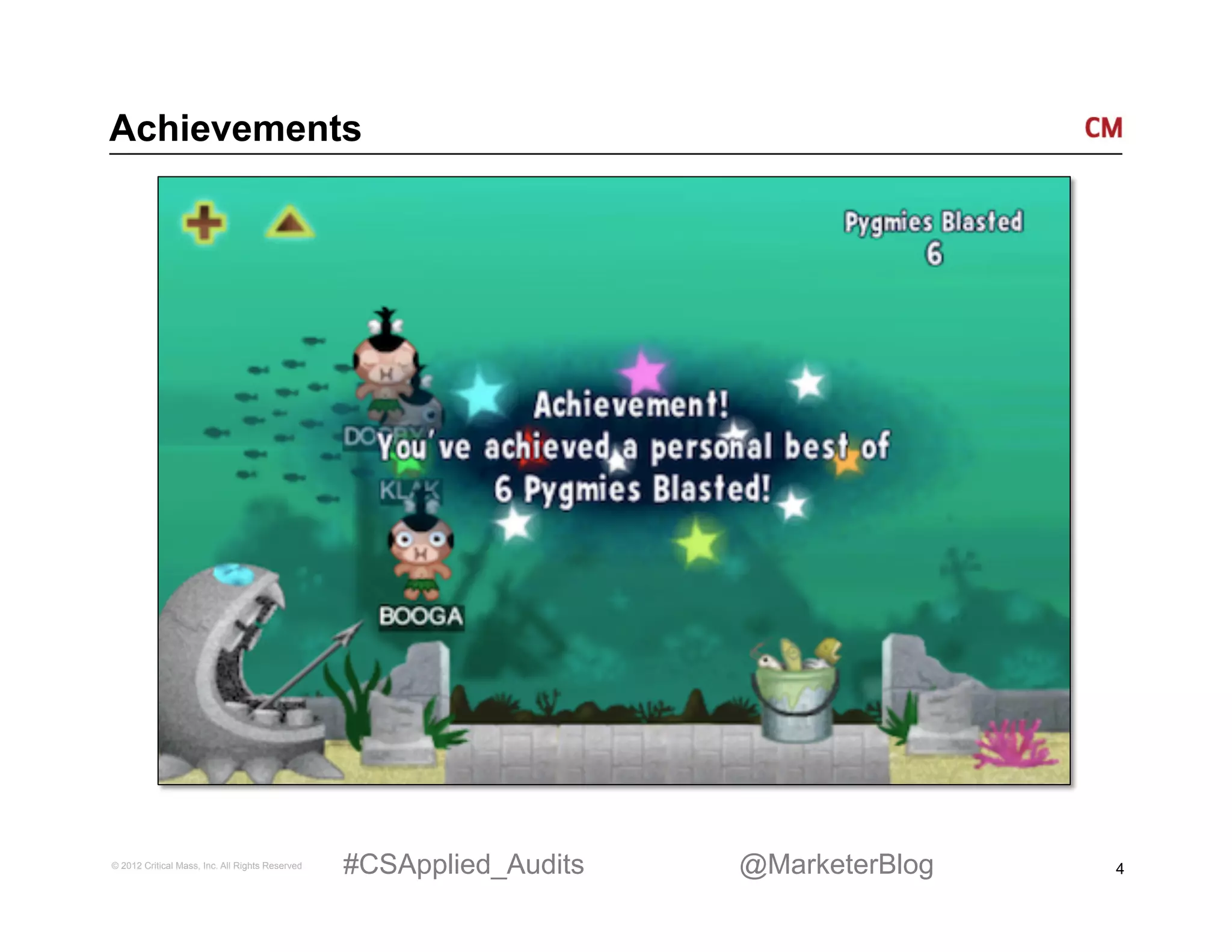 Achievements




© 2012 Critical Mass, Inc. All Rights Reserved   #CSApplied_Audits   @MarketerBlog   4
 