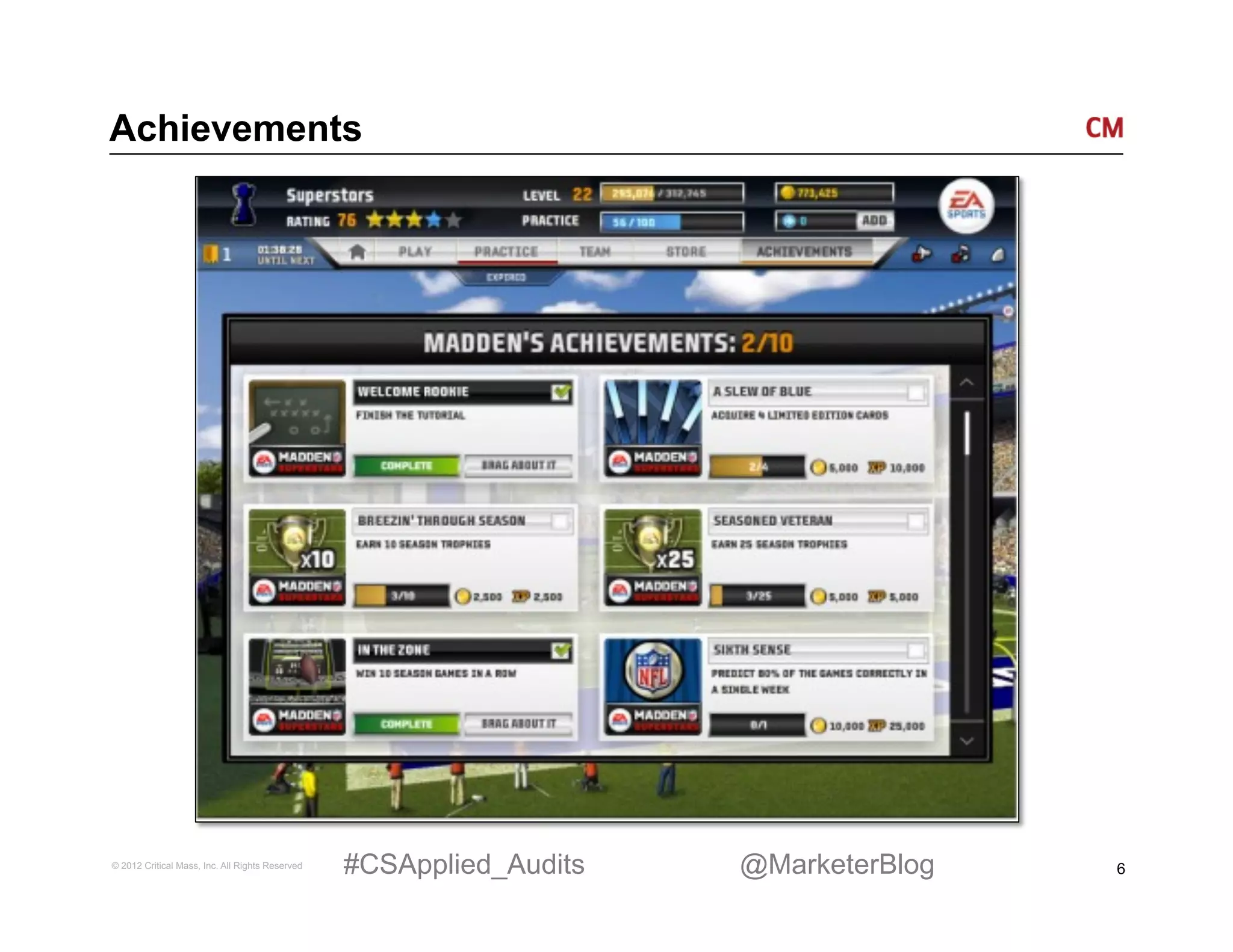 Achievements




© 2012 Critical Mass, Inc. All Rights Reserved   #CSApplied_Audits   @MarketerBlog   6
 