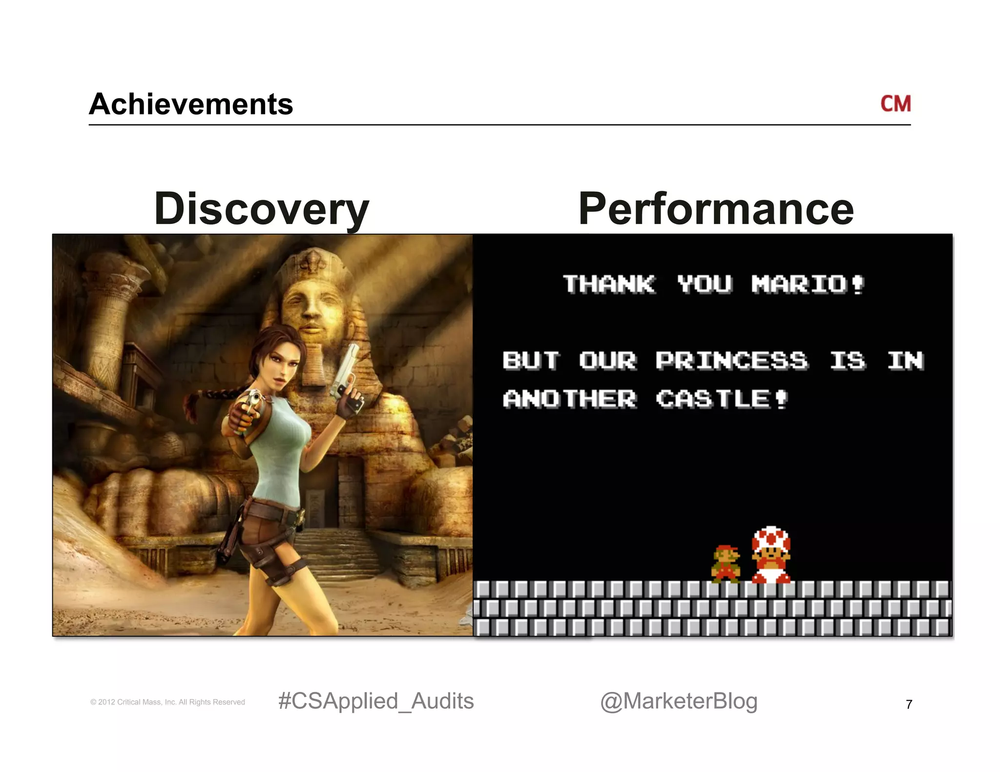 Achievements


                  Discovery                                          Performance




© 2012 Critical Mass, Inc. All Rights Reserved   #CSApplied_Audits   @MarketerBlog   7
 