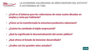 LA ECONOMÍA VALENCIANA 40 AÑOS DESPUES DEL ESTATUT
D´AUTONOMIA DE 1982
• ¿Cuál es el balance para los valencianos de estas...