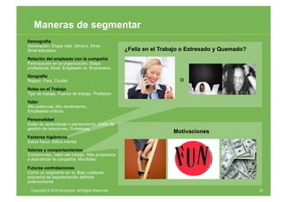 Maneras de segmentar
Demografía
Generación, Etapa vital, Género, Etnia,
Nivel educativo                                   ...