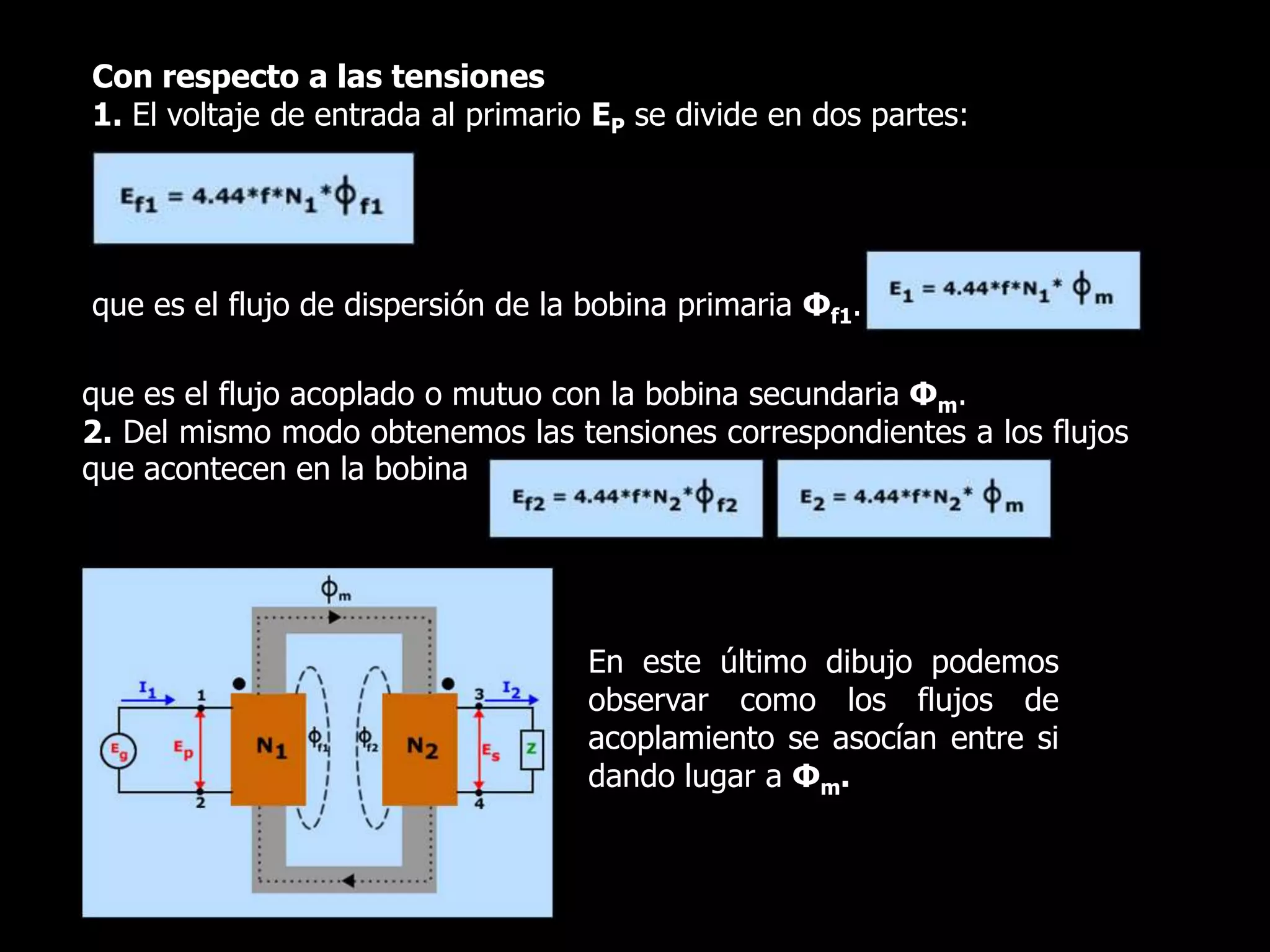 Con respecto a las tensiones1. El voltaje de entrada al primario EP se divide en dos partes:que es el flujo de dispersión de la bobina primaria Φf1.que es el flujo acoplado o mutuo con la bobina secundaria Φm.2. Del mismo modo obtenemos las tensiones correspondientes a los flujos que acontecen en la bobina secundaria:En este último dibujo podemos observar como los flujos de acoplamiento se asocían entre si dando lugar a Φm.