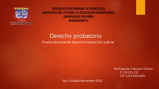 Participante: Francisco Urbina
Ci: 10.151.132
TJP-1253 ED01D0V
San Cristóbal Noviembre 2016
Derecho probatorio
Prueba documental-Experticia-Inspección judicial
 