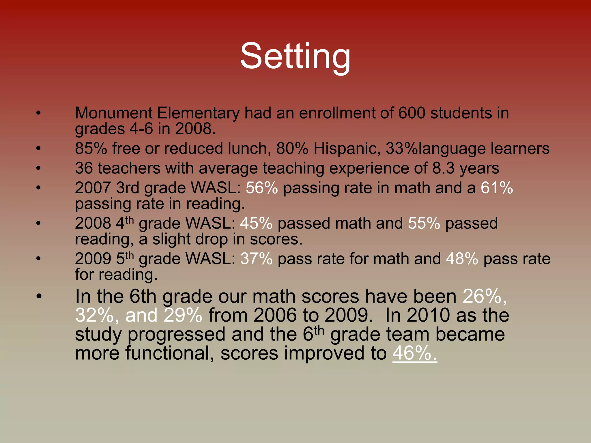 Setting
• Monument Elementary had an enrollment of 600 students in
grades 4-6 in 2008.
• 85% free or reduced lunch, 80% Hispanic, 33%language learners
• 36 teachers with average teaching experience of 8.3 years
• 2007 3rd grade WASL: 56% passing rate in math and a 61%
passing rate in reading.
• 2008 4th grade WASL: 45% passed math and 55% passed
reading, a slight drop in scores.
• 2009 5th grade WASL: 37% pass rate for math and 48% pass rate
for reading.
• In the 6th grade our math scores have been 26%,
32%, and 29% from 2006 to 2009. In 2010 as the
study progressed and the 6th grade team became
more functional, scores improved to 46%.
 