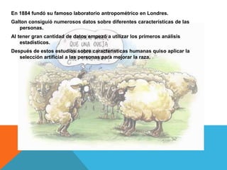 En 1884 fundó su famoso laboratorio antropométrico en Londres.
Galton consiguió numerosos datos sobre diferentes características de las
personas.
Al tener gran cantidad de datos empezó a utilizar los primeros análisis
estadísticos.
Después de estos estudios sobre características humanas quiso aplicar la
selección artificial a las personas para mejorar la raza.
 