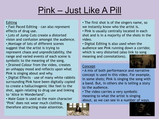 Pink – Just Like A Pill 
Editing 
• Fast Paced Editing – can also represent 
effects of drug use. 
• Lots of Jump Cuts create a distorted 
vision and confusion amongst the audience. 
• Montage of lots of different scenes 
suggest that the artist is trying to 
represent chaos and unpredictability, the 
range and varied events of each scene is 
symbolic to the meaning of the song. 
• Drained Colour from the video, creates 
an unhappy mood and reflects upon what 
Pink is singing about and why. 
• Digital Effects – use of many white rabbits 
surrounding Pink have been digitally copied 
to create a hallucinogenic like feel to the 
shot, again relating to drug use and linking 
to ‘Alice in Wonderland’. 
• Male Gaze is used as the main character 
‘Pink’ does not wear much clothing, 
therefore attracting male attention. 
• The first shot is of the singers name, so 
we instantly know who the artist is. 
• Pink is usually centrally located in each 
shot and is in a majority of the shots in the 
video. 
• Digital Editing is also used when the 
audience see Pink running down a corridor, 
which is very distorted (also link to song 
meaning and connotations). 
Concept 
• A mix of both performance and narrative 
concept is used in this video. For example, 
in some shots; Pink is singing the song with 
a band. But, in others she is telling a story 
to the audience. 
• The video carries a very symbolic 
meaning to what the artist is singing 
about, as we can see in a number of ways. 
 