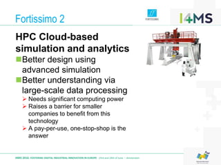 Fortissimo 2
I4MS 2016: FOSTERING DIGITAL INDUSTRIAL INNOVATION IN EUROPE · 23rd and 24th of June – Amsterdam
HPC Cloud-based
simulation and analytics
Better design using
advanced simulation
Better understanding via
large-scale data processing
 Needs significant computing power
 Raises a barrier for smaller
companies to benefit from this
technology
 A pay-per-use, one-stop-shop is the
answer
 