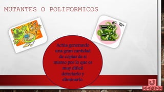 MUTANTES O POLIFORMICOS
Actúa generando
una gran cantidad
de copias de si
mismo por lo que es
muy difícil
detectarlo y
eliminarlo.
 
