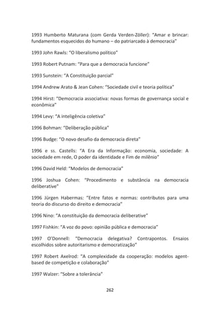 1993 Humberto Maturana (com Gerda Verden-Zöller): “Amar e brincar:
fundamentos esquecidos do humano – do patriarcado à democracia”

1993 John Rawls: “O liberalismo político”

1993 Robert Putnam: “Para que a democracia funcione”

1993 Sunstein: “A Constituição parcial”

1994 Andrew Arato & Jean Cohen: “Sociedade civil e teoria política”

1994 Hirst: “Democracia associativa: novas formas de governança social e
econômica”

1994 Levy: “A inteligência coletiva”

1996 Bohman: “Deliberação pública”

1996 Budge: “O novo desafio da democracia direta”

1996 e ss. Castells: “A Era da Informação: economia, sociedade: A
sociedade em rede, O poder da identidade e Fim de milênio”

1996 David Held: “Modelos de democracia”

1996 Joshua Cohen: “Procedimento e substância na democracia
deliberative”

1996 Jürgen Habermas: “Entre fatos e normas: contributos para uma
teoria do discurso do direito e democracia”

1996 Nino: “A constituição da democracia deliberative”

1997 Fishkin: “A voz do povo: opinião pública e democracia”

1997 O’Donnell: “Democracia delegativa? Contrapontos.             Ensaios
escolhidos sobre autoritarismo e democratização”

1997 Robert Axelrod: “A complexidade da cooperação: modelos agent-
based de competição e colaboração”

1997 Walzer: “Sobre a tolerância”


                                       262
 