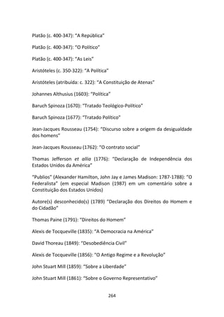 Platão (c. 400-347): “A República”

Platão (c. 400-347): “O Político”

Platão (c. 400-347): “As Leis”

Aristóteles (c. 350-322): “A Política”

Aristóteles (atribuída: c. 322): “A Constituição de Atenas”

Johannes Althusius (1603): “Política”

Baruch Spinoza (1670): “Tratado Teológico-Político”

Baruch Spinoza (1677): “Tratado Político”

Jean-Jacques Rousseau (1754): “Discurso sobre a origem da desigualdade
dos homens”

Jean-Jacques Rousseau (1762): “O contrato social”

Thomas Jefferson et allia (1776): “Declaração de Independência dos
Estados Unidos da América”

“Publios” (Alexander Hamilton, John Jay e James Madison: 1787-1788): “O
Federalista” (em especial Madison (1987) em um comentário sobre a
Constituição dos Estados Unidos)

Autore(s) desconhecido(s) (1789) “Declaração dos Direitos do Homem e
do Cidadão”

Thomas Paine (1791): “Direitos do Homem”

Alexis de Tocqueville (1835): “A Democracia na América”

David Thoreau (1849): “Desobediência Civil”

Alexis de Tocqueville (1856): “O Antigo Regime e a Revolução”

John Stuart Mill (1859): “Sobre a Liberdade”

John Stuart Mill (1861): “Sobre o Governo Representativo”


                                     264
 