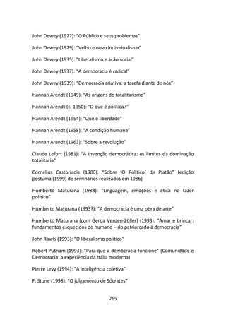 John Dewey (1927): “O Público e seus problemas”

John Dewey (1929): “Velho e novo individualismo”

John Dewey (1935): “Liberalismo e ação social”

John Dewey (1937): “A democracia é radical”

John Dewey (1939): “Democracia criativa: a tarefa diante de nós”

Hannah Arendt (1949): “As origens do totalitarismo”

Hannah Arendt (c. 1950): “O que é política?”

Hannah Arendt (1954): “Que é liberdade”

Hannah Arendt (1958): “A condição humana”

Hannah Arendt (1963): “Sobre a revolução”

Claude Lefort (1981): “A invenção democrática: os limites da dominação
totalitária”

Cornelius Castoriadis (1986): “Sobre ‘O Político’ de Platão” (edição
póstuma (1999) de seminários realizados em 1986)

Humberto Maturana (1988): “Linguagem, emoções e ética no fazer
político”

Humberto Maturana (1993?): “A democracia é uma obra de arte”

Humberto Maturana (com Gerda Verden-Zöller) (1993): “Amar e brincar:
fundamentos esquecidos do humano – do patriarcado à democracia”

John Rawls (1993): “O liberalismo político”

Robert Putnam (1993): “Para que a democracia funcione” (Comunidade e
Democracia: a experiência da Itália moderna)

Pierre Levy (1994): “A inteligência coletiva”

F. Stone (1998): “O julgamento de Sócrates”


                                     265
 