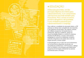 60%

da popu
la
francófo ção
na tem
menos d
e
30 anos

as dos
4 Cascimentos

conhe
esde
abertas d
m
2009 e gou,
u
Ouagado au
é, Chisin
Hu
a
e Kinshas

+	EDUCAÇÃO
s
em formação
contínua
no âmbito da
Iniciativa
francófona pa
ra a
formação à di
st
dos docentes ância
no
Burundi, na Re Benim,
pública
democrática
do Congo,
em Haiti, no
Líbano,
Madagáscar
e no Níger

000
900. res
sso
profe ncês
ra
de f ndo
u
no m

2 centros

regionais
de
formação
em
Hô Chi Min
h-Ville
(Vietnam
e) e em
Sófia (Bu
lgária)

10 000 professore

Iniciativa ELANÁfrica no Benim,
Burquina Faso,
Camarões, Mali,
Níger, República
democrática do
Congo, Senegal,
zonas de línguas
crioula e árabe

A Educação para todos, um dos
principais Objetivos do milénio para
o desenvolvimento, é um compromisso
internacional assumido também pela
Francofonia. Pois o acesso ao ensino
primário obrigatório e de qualidade
é uma verdadeira passarela para
o desenvolvimento e o emprego.
Para melhorar a qualidade da educação básica, a OIF
participa no reforço das competências dos docentes
e dos gestores da educação. Ela organiza, através
de múltiplos programas, formações para os
professores, algumas à distância, graças às
novas tecnologias (Ifadem), e outras em presença
(Iniciativa ELAN-África), e produz instrumentos
pedagógicos conforme os diferentes contextos
culturais e linguísticos dos países das zonas de
línguas africana, crioula e árabe.
A aprendizagem de um ofício tem por fundamentos
os conhecimentos adquiridos na escola e as
competências profissionais. A OIF favorece o diálogo
entre os Estados e as empresas para desenvolver
programas de formação profissional nos setores
promissores para o emprego.

 