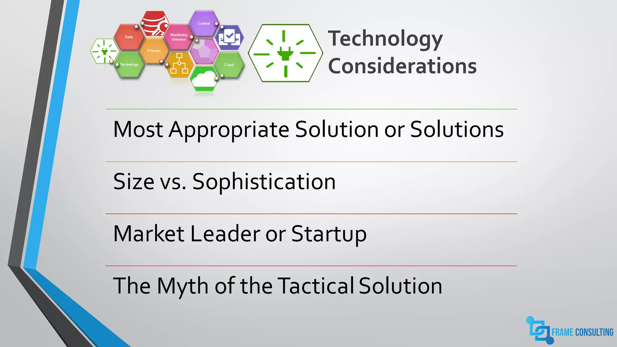 Technology
ConsiderationsTechnology
Process
Data
Monitoring
Universe
Control
Cloud
Most Appropriate Solution or Solutions
Size vs. Sophistication
Market Leader or Startup
The Myth of the TacticalSolution
 