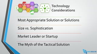 Technology
ConsiderationsTechnology
Process
Data
Monitoring
Universe
Control
Cloud
Most Appropriate Solution or Solutions
Size vs. Sophistication
Market Leader or Startup
The Myth of the TacticalSolution
 