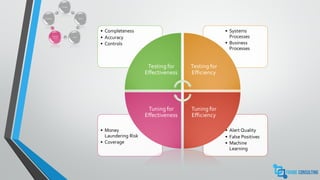 Analysis
Design
Build
Test and
Tune
Implement
• Alert Quality
• False Positives
• Machine
Learning
• Money
Laundering Risk
• Coverage
• Systems
Processes
• Business
Processes
• Completeness
• Accuracy
• Controls
Testing for
Effectiveness
Testing for
Efficiency
Tuning for
Efficiency
Tuning for
Effectiveness
 