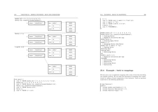 219 CHAPTER 25. DESIGN PATTERNS : SETS AND ITERATORS
double a[] = { 1, 2, 3, 4, 5, 6, 7 };
Vector u(a, sizeof(a)/sizeof(double));
InternalVector *internal
nbref
data double * double
double
double
double
...
u
size
int 1
int 7
Vector v = u;
InternalVector *internalu
size
data double * double
double
double
double
...
InternalVector *internalv
int 7
int 2nbref
v.set(3, 4.0)
InternalVector *internalu
InternalVector *internalv int 1
data double * double
double
double
double
...
data double *
int 7
double
double
double
double
...
int 1
size int 7
size
nbref
nbref
int main() {
cout << "DOING double a[] = { 1, 2, 3, 4, 5, 6, 7 };n";
double a[] = { 1, 2, 3, 4, 5, 6, 7 };
cout << "DOING Vector v(a, sizeof(a)/sizeof(double));n";
Vector v(a, sizeof(a)/sizeof(double));
cout << "DOING Vector w;n";
Vector w;
cout << "DOING w = v;n";
25.4. EXAMPLE : BACK TO MAPPINGS 220
w = v;
cout << "DOING cout << sum(v) << "n";n";
cout << sum(v) << "n";
cout << "DOING w.set(3, 2.1);n";
w.set(3, 2.1);
cout << "FINISHEDn";
}
DOING double a[] = { 1, 2, 3, 4, 5, 6, 7 };
DOING Vector v(a, sizeof(a)/sizeof(double));
* Creating Vector
+ Expensive allocation and copy
DOING Vector w;
* Creating empty Vector
DOING w = v;
* Assigning Vector from Vector
DOING cout << sum(v) << "n";
* Copying Vector
Entering sum()
Leaving sum()
* Destroying Vector
28
DOING w.set(3, 2.1);
+ Expensive allocation and copy
FINISHED
* Destroying Vector
+ Destruction
* Destroying Vector
+ Destruction
25.4 Example : back to mappings
We have seen a way to implement mappings with a main virtual class describing
the available methods. We can make this description of mappings more sophis-
ticated by adding a formal computation of the derivative. Such an operation
would lead to the following speciﬁcation :
class Function {
public:
virtual double eval(double x) = 0;
virtual Function *derivative() = 0;
virtual Function *copy() = 0;
 