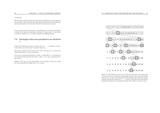 83 CHAPTER 7. COST OF ALGORITHM, SORTING
to each half.
Here each time we take take the ﬁrst element as the splitting one, and to generate
the two half we “ﬁll” the result array starting from the left for the small elements
and from the right for the big ones. We put the central one at the end.
If we use each time the ﬁrst element as the splitting one, the process will require
n steps! So the number of operation is between n × log2 n and n2
. A good way
to avoid the disaster of n2
is to pick randomly the splitting element.
7.6 Strategies when two parameters are involved
?
Consider the following operation : having a list of x1, . . . , xn numbers, you have
to ﬁnd which one is the closest to another number y.
This takes n operations if the array is not sorted, and log2 n if it is sorted, but
sorting would need n × log2 n operations.
If we have to repeat this operation m times, it would take n × m operations if
we do not sort the array ﬁrst, but only n × log2 n + m × log2 n operations if we
sort it ﬁrst!
Finally in that case, if m is a big number, the cost would be better by sorting
the array, and would be ﬁnally O((n + m) × log2 n).
7.6. STRATEGIES WHEN TWO PARAMETERS ARE INVOLVED ? 84
12
5 9 2 7 6 1 10 12 14 3 4 11 8 13
9761012141181354312
1 2 4 3 5 8 11 12 10 6 7 9 13 14
1413111210987654321
21
1 2
1 2
3
43 5 6 7 8 9 12 11 10 13 14
1413
1413
13 1412
121110
10 11
9
98 11 10754 6
64 53
21 3 4 5
7
6 7
8
8 9
Figure 7.5: The Quick-sort uses at every step the ﬁrst element (for instance the
5 in the ﬁrst line) as a separator and organizes the data into a group of smaller
elements (2, 1, 3 and 4 in the second line), this splitting value itself, and a group
of larger elements (the values 13, 8, . . . , 7, and 9). Note that the groups of lesser
and larger elements are not themselves srted. They will be in the next steps.
 