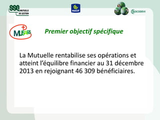 La Mutuelle rentabilise ses opérations et atteint l’équilibre financier au 31 décembre 2013 en rejoignant 46 309 bénéficiaires.   Premier objectif spécifique 