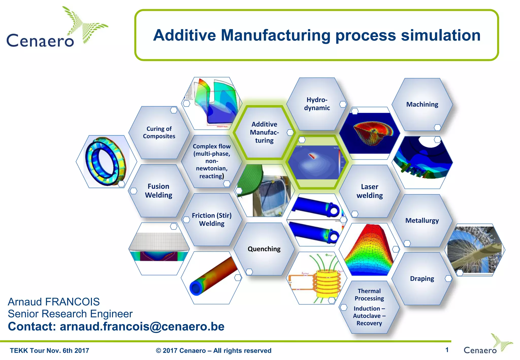 1
Additive Manufacturing process simulation
Fusion
Welding
Complex flow
(multi-phase,
non-
newtonian,
reacting)
Curing of
Composites
Additive
Manufac-
turing
Hydro-
dynamic
Laser
welding
Friction (Stir)
Welding Metallurgy
Machining
Quenching
Thermal
Processing
Induction –
Autoclave –
Recovery
Draping
Arnaud FRANCOIS
Senior Research Engineer
Contact: arnaud.francois@cenaero.be
© 2017 Cenaero – All rights reservedTEKK Tour Nov. 6th 2017
 