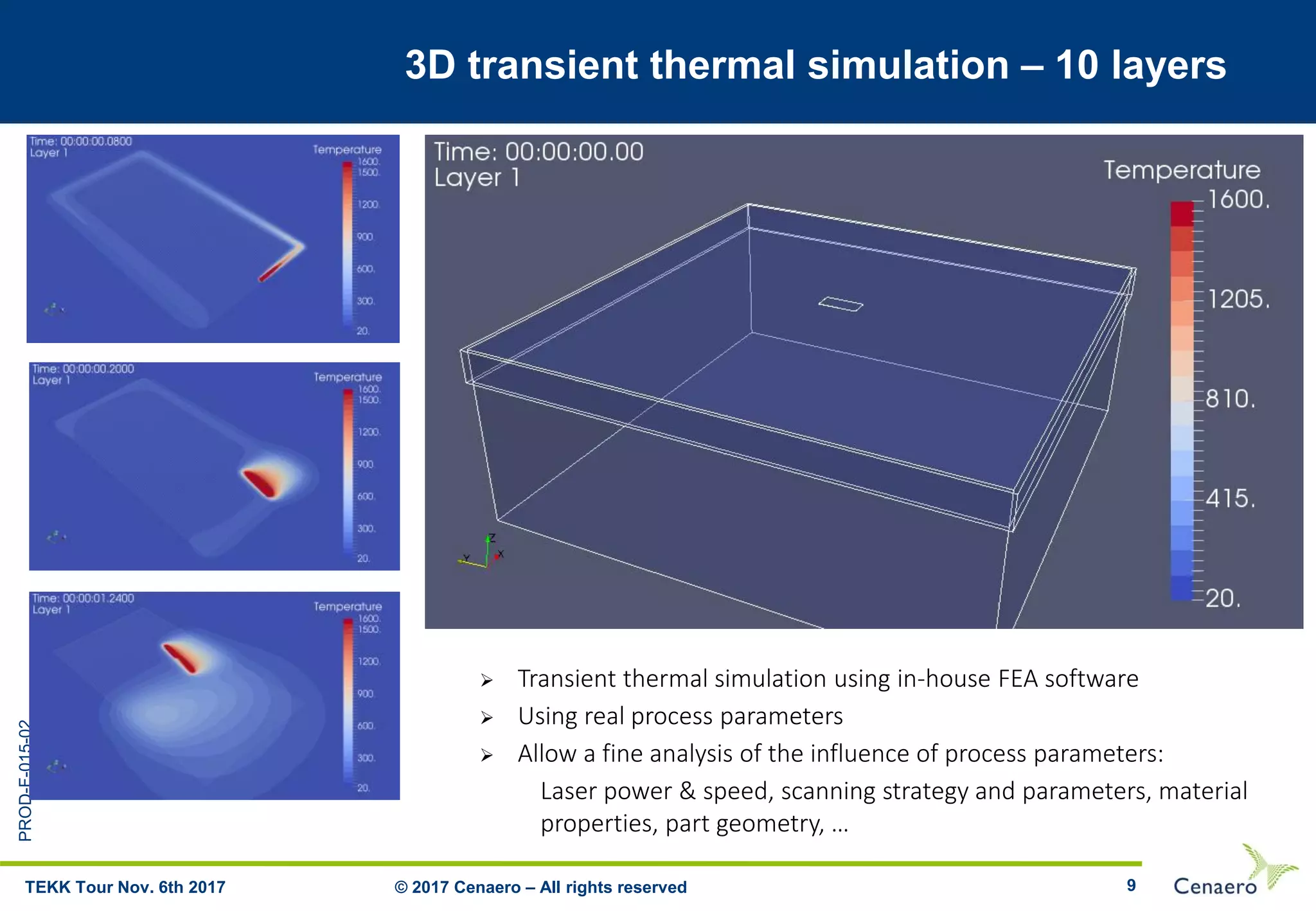 PROD-F-015-02
9
3D transient thermal simulation – 10 layers
© 2017 Cenaero – All rights reservedTEKK Tour Nov. 6th 2017
 Transient thermal simulation using in-house FEA software
 Using real process parameters
 Allow a fine analysis of the influence of process parameters:
Laser power & speed, scanning strategy and parameters, material
properties, part geometry, …
 
