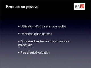 Production passive



      • Utilisation d’appareils connectés
      • Données quantitatives
      • Données basées sur des mesures
      objectives

      • Pas d’autoévaluation
 