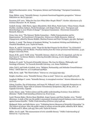 Special Eurobarometer. 2005. "Europeans, Science and Technology." European Commission,
June.
Fang, Zhihui. 2005. "Scientific literacy: A systemic functional linguistics perspective." Science
Education no. 89 (2):335-347.
Feynman, R.P. 2011. "What Do You Care What Other People Think?": Further Adventures of a
Curious Character: W. W. Norton.
Gaskell, George , Sally Stares, Agnes Allansdottir, Nick Allum, Paula Castro, Yilmaz Esmer, Claude
Fischler, Joanthan Jackson, Nicole Kronberger, and Jürgen Nicole. 2010. “Europeans and
Biotechnology in 2010 Winds of change?” European Commission - Directorate-General for
Research. Brussels.
Gross, Liza. 2012. "The Sciences’ Media Connection – Public Communication and its
Repercussions." In Practitioner’s Perspective: Science as a Public Resource: Rules of
Engagement, edited by Simone Rödder, Martina Franzen and Peter Weingart, 353-360. Springer.
Hartley, J. 2008. "The Nature of Academic Writing." In Academic Writing and Publishing: A
Practical Handbook, 3-20. Taylor & Francis.
Hayes, R., and D. Grossman. 2006. "Hope for the Best Prepare for the Worst." In A Scientist's
Guide to Talking with the Media: Practical Advice from the Union of Concerned Scientists, 15-30.
Rutgers University Press.
Hazen, R.M., and J. Trefil. 2009. "Scientific Literacy: what is it, why it's important, and why we
don't have it." In Science Matters: Achieving Scientific Literacy, xi-xvii. Knopf Doubleday
Publishing Group.
Hodson, D. 2008. "In Pursuit of Scientific Literacy: The Case for History, Philosophy and
Sociology of Science." In Towards Scientific Literacy, 1-22. Sense Publishers.
Jelen, Ted G, and Linda A Lockett. 2014. "Religion, Partisanship, and Attitudes Toward Science
Policy." SAGE Open no. 4 (1):2158244013518932.
Kelly, Kevin. 1998. "The Third Culture." Science no. 279 (5353):992-993.
Knight, Jonathan. 2003. "Scientific literacy: Clear as mud." Nature no. 423 (6938):376-378.
Laugksch, Rüdiger C. 2000. "Scientific literacy: A conceptual overview." Science Education no. 84
(1):71-94.
Liberg, Caroline, Åsa af Geijerstam, and Jenny W. Folkeryd. 2007. A Linguistic Perspective on
Scientific Literacy. Paper read at Linnaeus Tercentenary Symposium, May 28-29, 2007, at
Uppsala University, Uppsala.
Locke, Simon. 1999. "Golem science and the public understanding of science: from deficit to
dilemma." Public Understanding of Science no. 8 (2):75-92.
Lund, Thomas Bøker, Morten Raun Mørkbak, Jesper Lassen, and Peter Sandøe. 2012. "Painful
dilemmas: A study of the way the public’s assessment of animal research balances costs to animals
against human benefits." Public Understanding of Science 23(4):428-44.
Mejlgaard, Niels, and Sally Stares. 2012. "Validating Survey Measures of Scientific Citizenship." In
The culture of science: How the public relates to science across the globe, edited by M.W. Bauer,
R. Shukla and N. Allum, 418-435. New york: Taylor & Francis.
Miller, Jon D. 1998. "The measurement of civic scientific literacy." Public Understanding of
Science no. 7 (3):203-223.
 