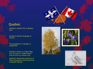 Quebec
•   Quebec’s capital city is Quebec
    City.


•   Quebec’s official language is
    French


•   The population in Quebec is
    8,080,550


•   Quebec’s flower is a Blue Flag
    Iris, its tree is a Yellow Birch
    and its bird is a snowy owl.
•   Quebec’s lieutenant governor is
    Pierre Duchesne and its premier
    is Pauline Marois.
 