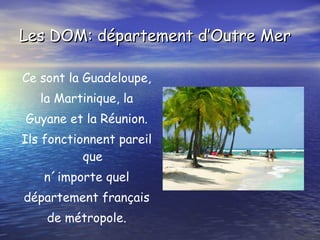 Les DOM: département d’Outre Mer Ce sont la Guadeloupe, la Martinique, la Guyane et la Réunion. Ils fonctionnent pareil que n´importe quel département français de métropole. 