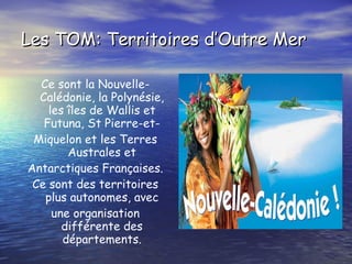 Les TOM: Territoires d’Outre Mer Ce sont la Nouvelle-Calédonie, la Polynésie, les îles de Wallis et Futuna, St Pierre-et- Miquelon et les Terres Australes et Antarctiques Françaises. Ce sont des territoires plus autonomes, avec une organisation différente des départements. 