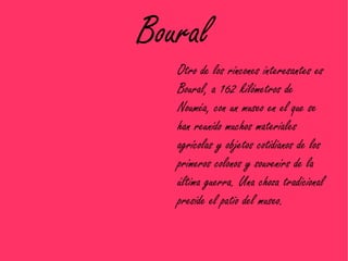 Boural
   Otro de los rincones interesantes es
   Boural, a 162 kilómetros de
   Nouméa, con un museo en el que se
   han reunido muchos materiales
   agrícolas y objetos cotidianos de los
   primeros colonos y souvenirs de la
   última guerra. Una choza tradicional
   preside el patio del museo.
 