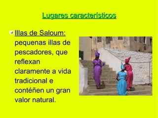 Lugares característicos

Illas de Saloum:
pequenas illas de
pescadores, que
reflexan
claramente a vida
tradicional e
contéñen un gran
valor natural.
 