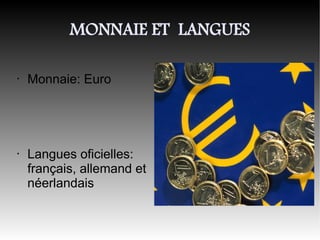 MONNAIE ET LANGUES

•   Monnaie: Euro




•   Langues oficielles:
    français, allemand et
    néerlandais
 