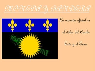 MONEDA Y BANDERA
          La moneda oficial es

            el dólar del Caribe

             Este y el Euro.
 