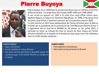 Pierre Buyoya
Pierre Buyoya né en 1949 dans la province de Bururi est un militaire et homme
d'État burundais. Il a dirigé deux fois le pays (1987-1993 puis 1996-2003).
A son arrivé au pouvoir en 1987 à la suite d'un coup d'État contre Jean-
Baptiste Bagaza, il instaure la Troisième République. En 1996, à l’occasion d’un
nouveau coup d’Etat, il reprend le pouvoir qu’il conservera jusqu’en 2003.
Il a été nommé en 2012 haut-représentant de l'Union africaine pour le Mali et
le Sahel par la présidente de la commission de l'UA Nkosazan Dlamini-Zuma. Il
a également été le chef de la MISMA du 30 janvier au 1er juillet 2013. Il
participe en outre au Groupe de mise en œuvre de haut niveau de l'Union
africaine (AUHIP) sur le Soudan et le Soudan du Sud, après avoir été médiateur
dans le conflit tchado-soudanais.
POINTS FAIBLES
• Figurecontroversée
• Pasdecandidatureuniqueafricaine
• Son statut d’ancien putschiste le disqualifie auprès de
nombreux pays: il est interdit d’entrée au Canada et
enSuisse
POINTS FORTS
• Forteexpérienceinternationale
• RéelsoutienduGouvernementduBurundi
 