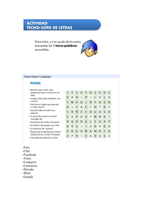 -Foto
-Chat
-Facebook
-Texto
-Contactos
-Caracteres
-Privado
-Muro
-Google
 