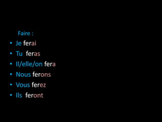 Faire :
• Je ferai
• Tu feras
• Il/elle/on fera
• Nous ferons
• Vous ferez
• Ils feront
 