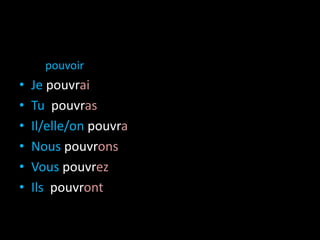 pouvoir
• Je pouvrai
• Tu pouvras
• Il/elle/on pouvra
• Nous pouvrons
• Vous pouvrez
• Ils pouvront
 
