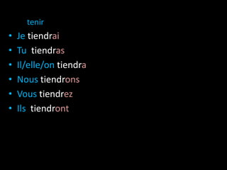 tenir
• Je tiendrai
• Tu tiendras
• Il/elle/on tiendra
• Nous tiendrons
• Vous tiendrez
• Ils tiendront
 