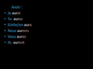 • Avoir :
• Je aurai
• Tu auras
• Il/elle/on aura
• Nous aurons
• Vous aurez
• Ils auront
 