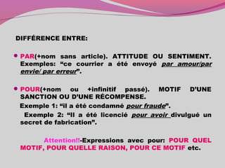 DIFFÉRENCE ENTRE:
PAR(+nom sans article). ATTITUDE OU SENTIMENT.
Exemples: “ce courrier a été envoyé par amour/par
envie/ par erreur”.
POUR(+nom ou +infinitif passé). MOTIF D’UNE
SANCTION OU D’UNE RÉCOMPENSE.
Exemple 1: “il a été condamné pour fraude”.
Exemple 2: “Il a été licencié pour avoir divulgué un
secret de fabrication”.
Attention!!-Expressions avec pour: POUR QUEL
MOTIF, POUR QUELLE RAISON, POUR CE MOTIF etc.
 