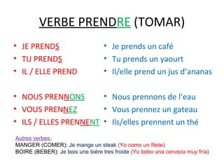 VERBE PRENDRE (TOMAR)
• JE PRENDS                       • Je prends un café
• TU PRENDS                       • Tu prends un yaourt
• IL / ELLE PREND                 • Il/elle prend un jus d’ananas

• NOUS PRENNONS        • Nous prennons de l’eau
• VOUS PRENNEZ         • Vous prennez un gateau
• ILS / ELLES PRENNENT • Ils/elles prennent un thé
Autres verbes:
MANGER (COMER): Je mange un steak (Yo como un filete)
BOIRE (BEBER): Je bois une biére tres froide (Yo bebo una cerveza muy fría)
 
