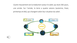 L’autre mouvement est la traduction autour le soleil, qui dure 365 jours,
une année. Sur l´année, la terre a quatre saisons (automne, hiver,
printemps et été), qui changent selon leur situation du soleil.
 